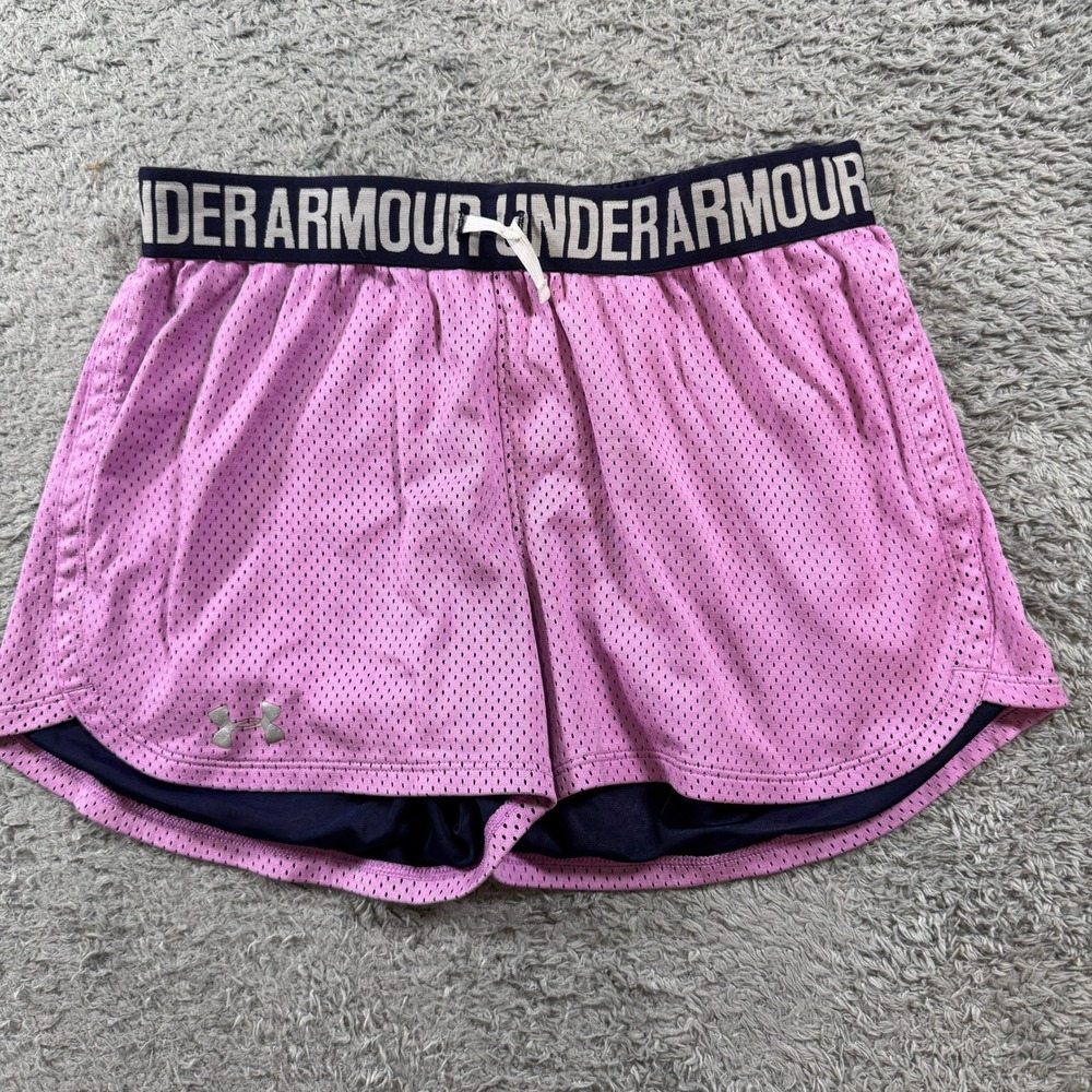 Under Armour Athletic Mesh Shorts Pink Navy Blue Girls Logo Waistband EUC
